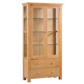 Dorset Oak Double Door Glazed Display Cabinet With Drawers