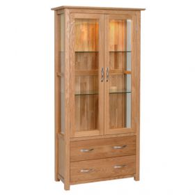 New Oak Display Cabinet With 2 Drawers