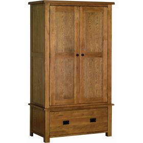 Rustic Oak Double Wardrobe With Drawer