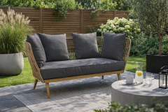 Saige Rope Woven Outdoor 2 Seater Sofa with Grey Cushions