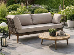 Saige Rope Woven & Grey Linen Outdoor 3 Seater Sofa